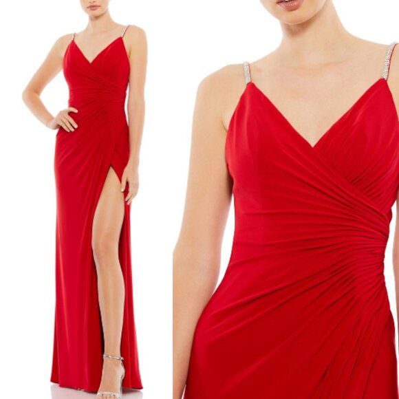 New! IEENA Mac Duggal 26695 Long Spaghetti Strap Gown Red Size 8 26553 - Picture 1 of 16